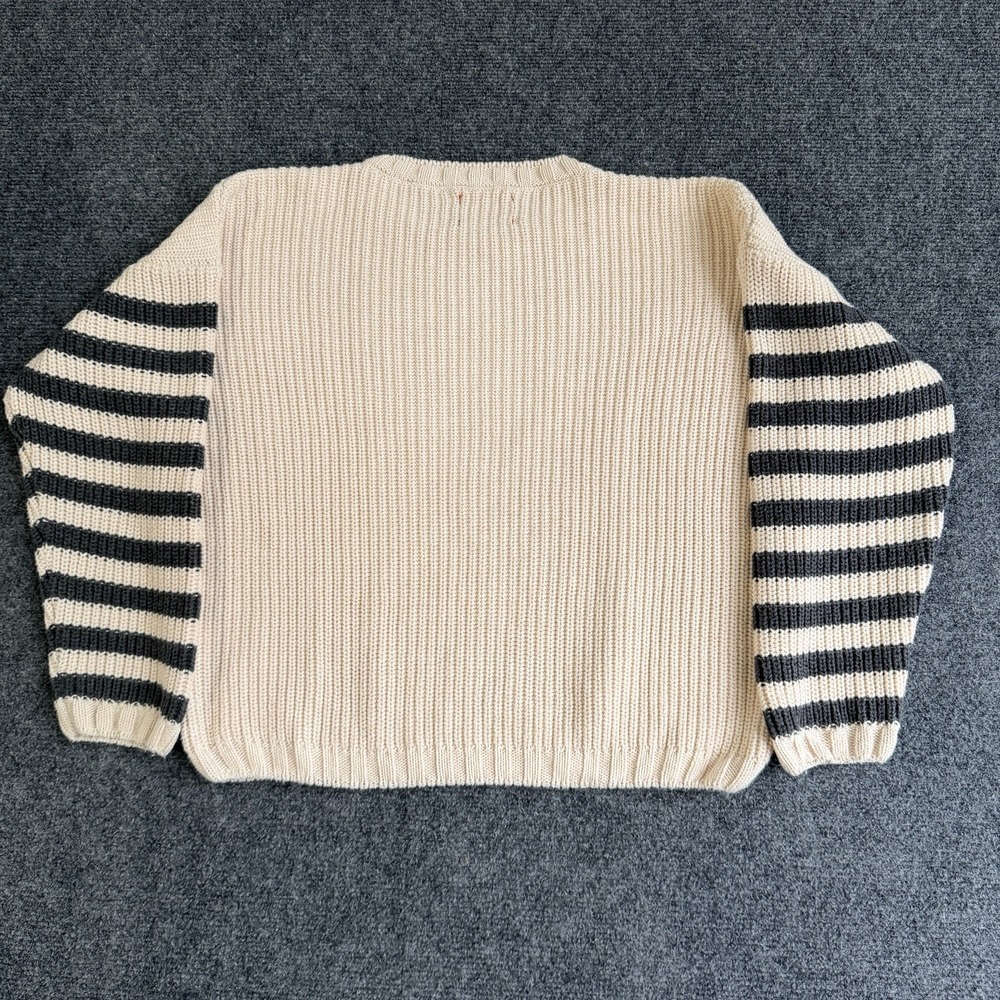 Piupiuchick Sweater Kids 10Y Cream Gray Striped 100%Organic Cotton Knit Crewneck - Picture 2 of 9